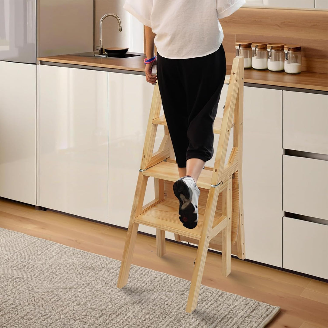 QIERF 4-Stufen Klappbarer Tritthocker 2-in-1 Holz Trittleiter und Stuhl Klappbar Holztrittleiter 100