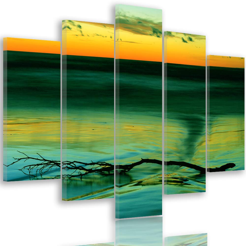 Feeby Bilder See 300x140 cm - Leinwandbild 5 Teilig XXL Kunstdruck Himmel Ast grün Leinwandbild XXL