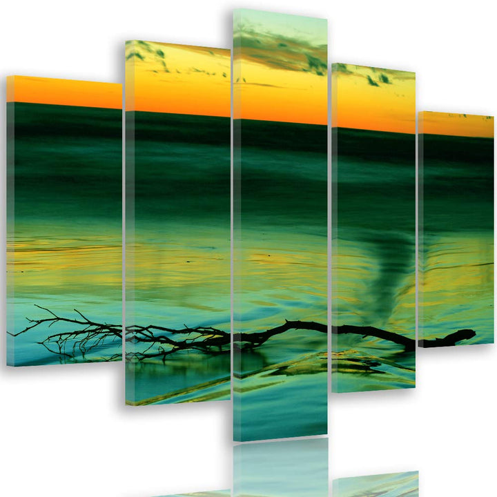 Feeby Bilder See 300x140 cm - Leinwandbild 5 Teilig XXL Kunstdruck Himmel Ast grün Leinwandbild XXL
