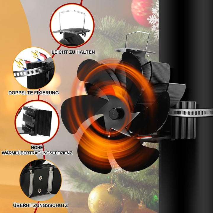 Herrselsam Kaminventilator 6-Blättern Magnetisch Ofenventilator ohne Strom Wärmebetriebener Kaminlüf