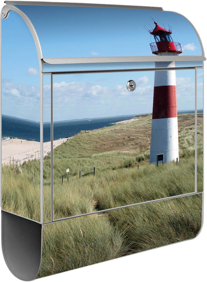 banjado® Design Briefkasten mit Motiv Leuchtturm 39x47x14cm &amp; 2 Schlüssel - Briefkasten Stahl Silber
