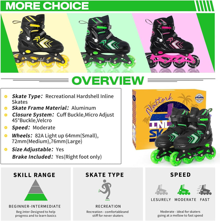 Nattork Inliner für Kinder Verstellbare Inline Skates, 4 Grössen Kinder Inline Roller Skates mit Bel