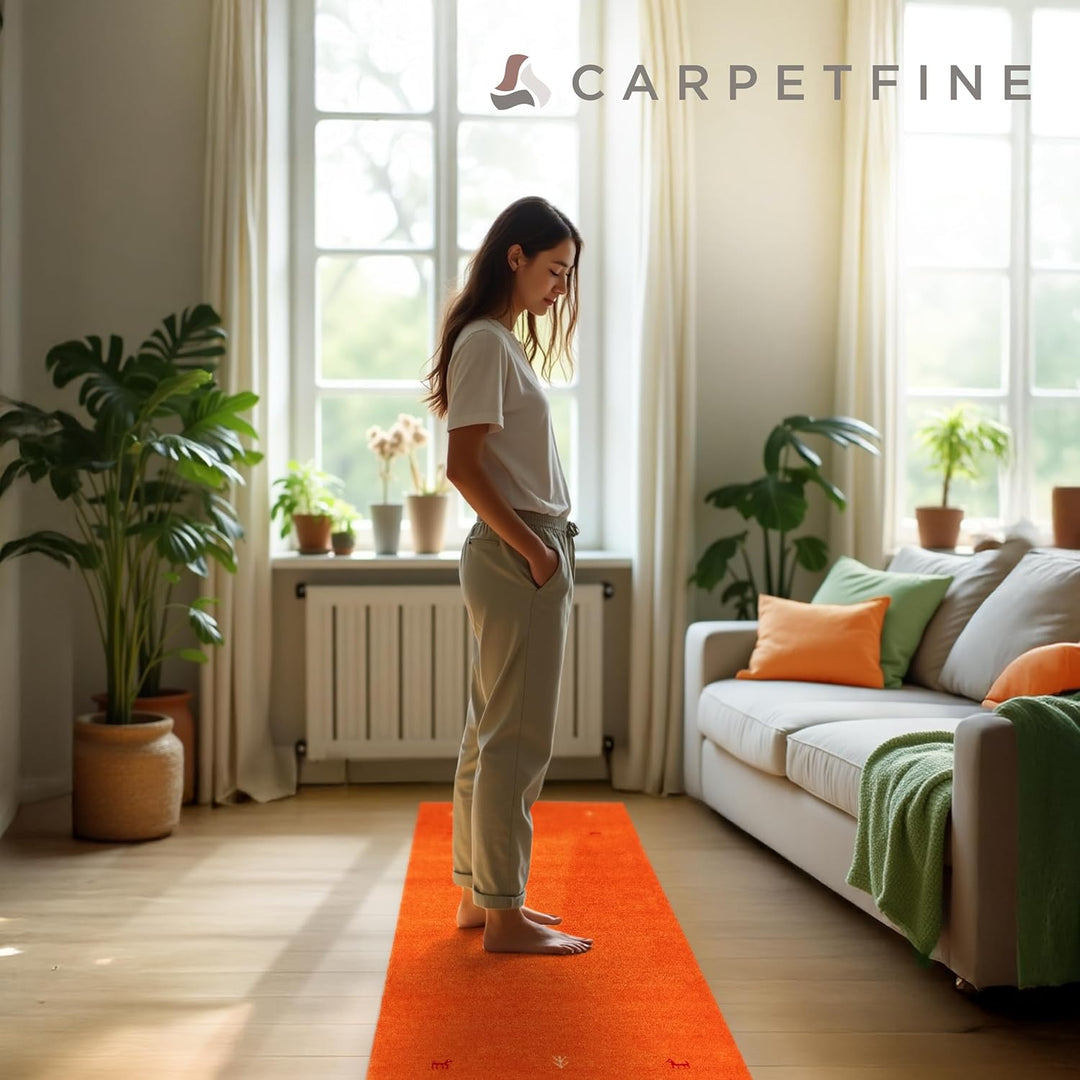 carpetfine Wollteppich Gabbeh Uni Läufer Orange 60x180 cm | Moderner Teppich für Wohn- und Schlafzim