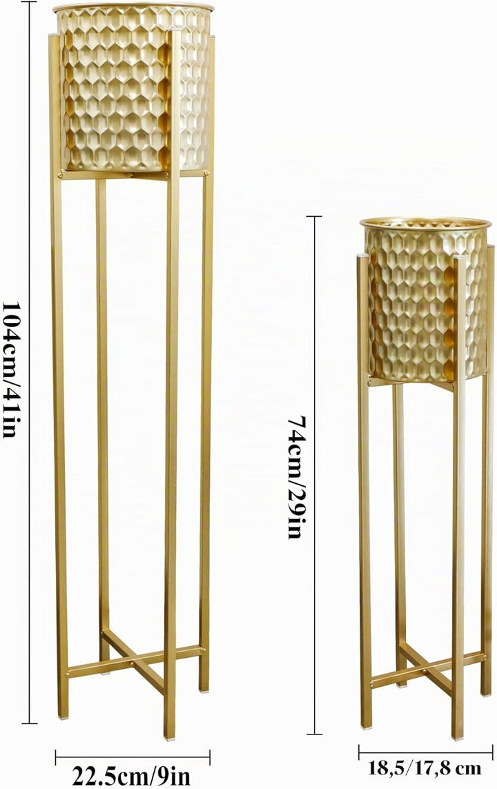 TRIROCKS Set von 2 hohen Pflanzgefässen mit Ständer Innen Aussen Metall Gold Pflanzgefässe für Pflan