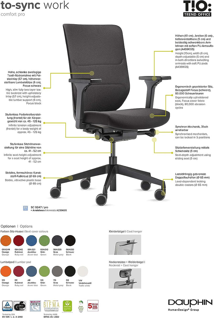 TREND OFFICE Trendoffice to-sync pro, ergonomischer Bürostuhl, mit Armlehnen, modernes Design, Homeo