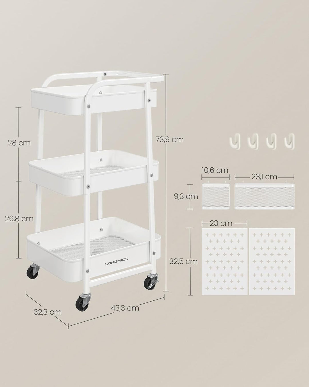 SONGMICS Rollwagen, Küchenwagen, 3 Metallgitterablagen, Servierwagen, 2 abnehmbare Lochplatten, 2 Hä