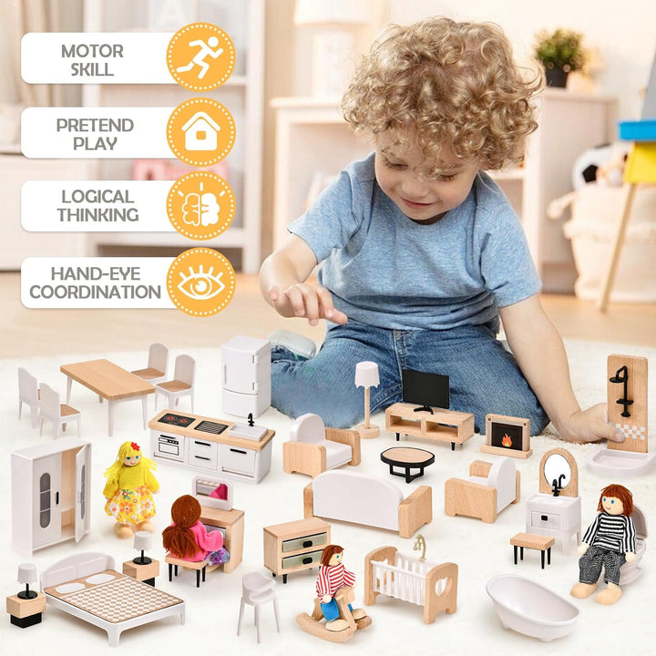 Atoylink Puppenhaus Möbel Set aus Buchenholz &amp; Kunststoff, Zubehör Spielzeug mit Puppenhaus Puppen,