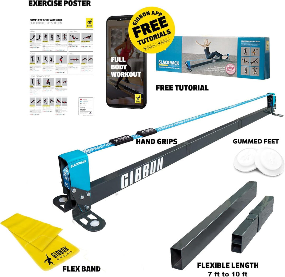 Gibbon Slacklines Slackrack Fitness Edition, grau/blau, Aufbaulängen: 2 oder 3 Meter, mit 2 Handgrif