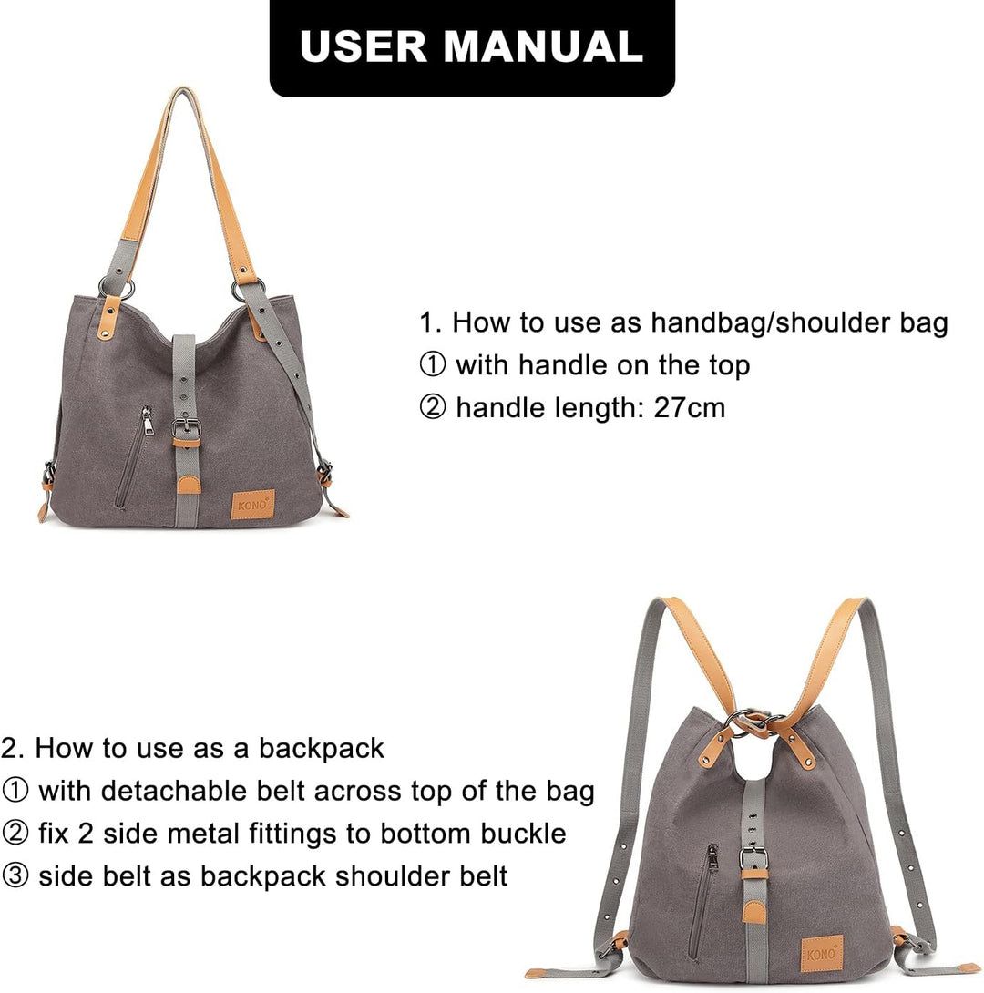 KONO Handtasche Canvas Rucksack Damen Gross Taschen Shopper Schultertaschen Multifunktional Umhängen
