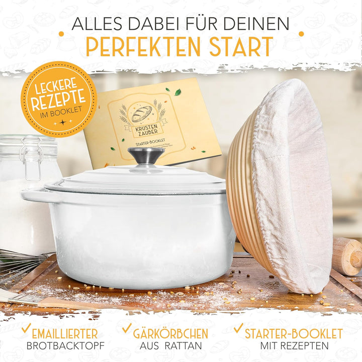 KRUSTENZAUBER Gusseisen Topf Brot backen emailliert inkl. Gärkorb - 26cm Emaille-Topf samt Zubehör -