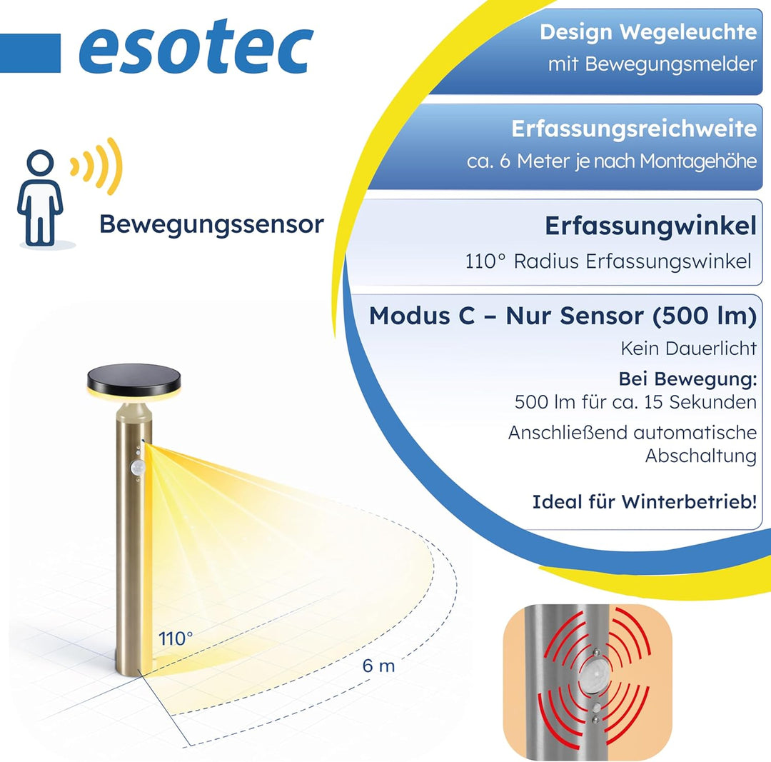 esotec Solar Gartenbeleuchtung Aussenlampe mit Bewegungsmelder Cortona, H=45cm, Edelstahl Solarleuch