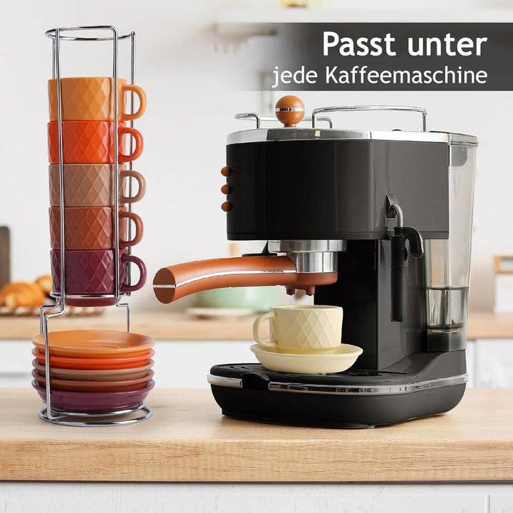 MIAMIO – 6 x 75 ml Espresso Tassen/Espressotassen Set mit Ständer Steingut Keramik - Palmanova Kolle