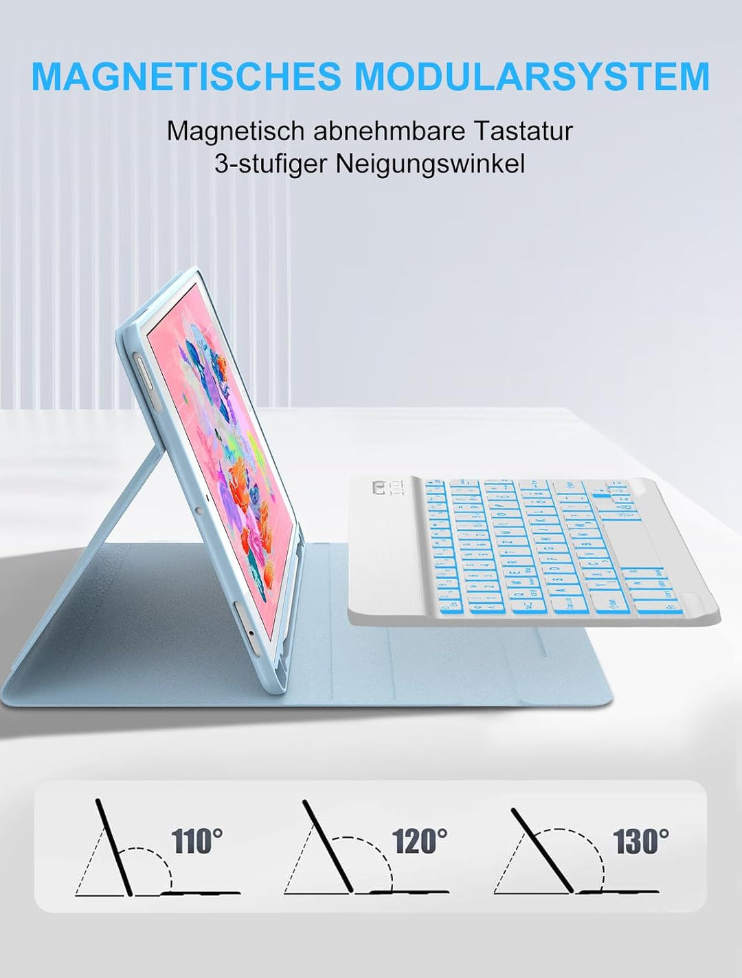 JADEMALL Für iPad Air 2 Tastatur Hülle mit 7-Farben LED, Deutsch QWERTZ Layout, abnehmbare Bluetooth