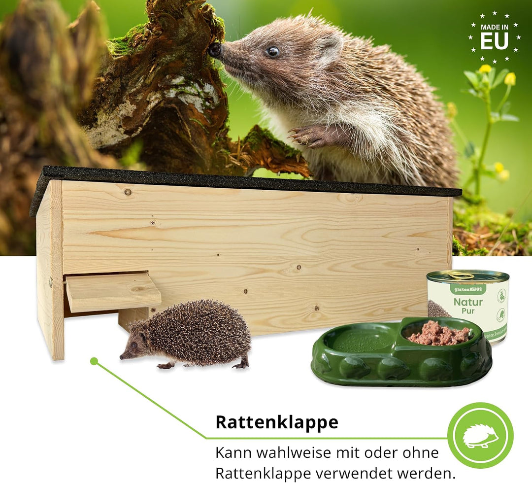 GARTENETAGE Igel-Fütterungsset XXL mit Igelhaus &amp; Rattenklappe – Sicheres Igelhaus für Garten, wette