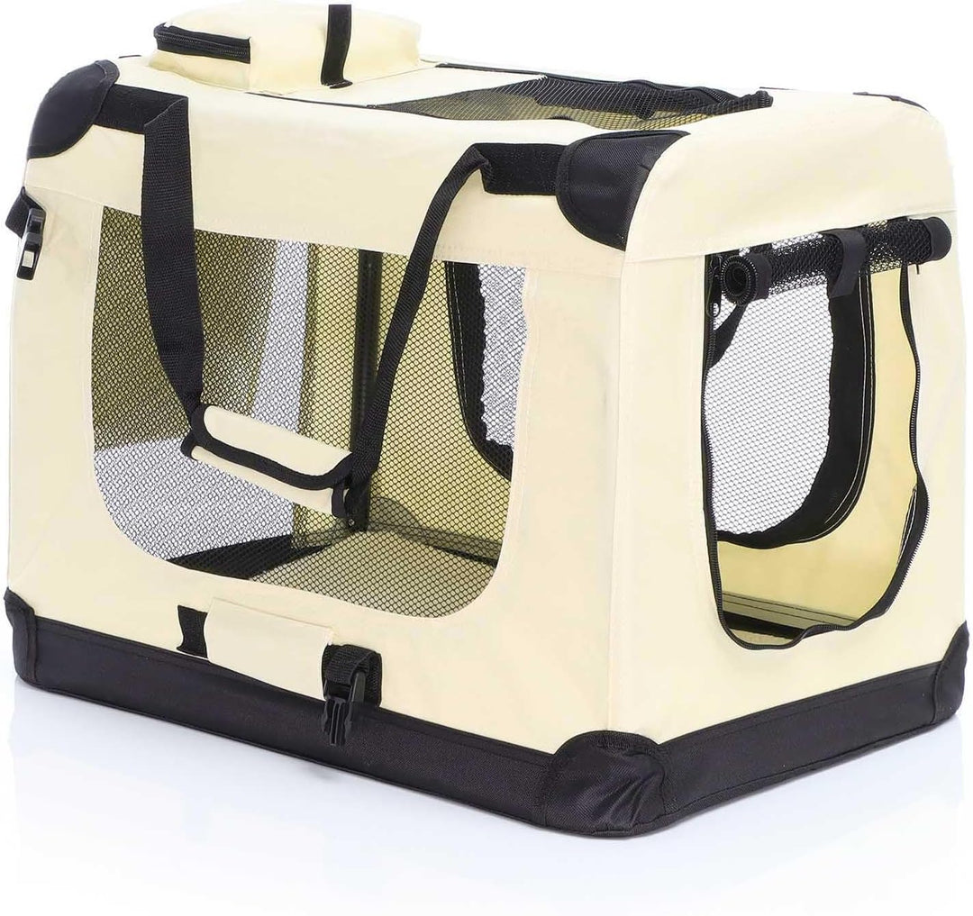 Fudajo Faltbare Transportbox in Beige für Haustiere, Grösse M (60x42x44cm), Tragegriff, Liegedecke