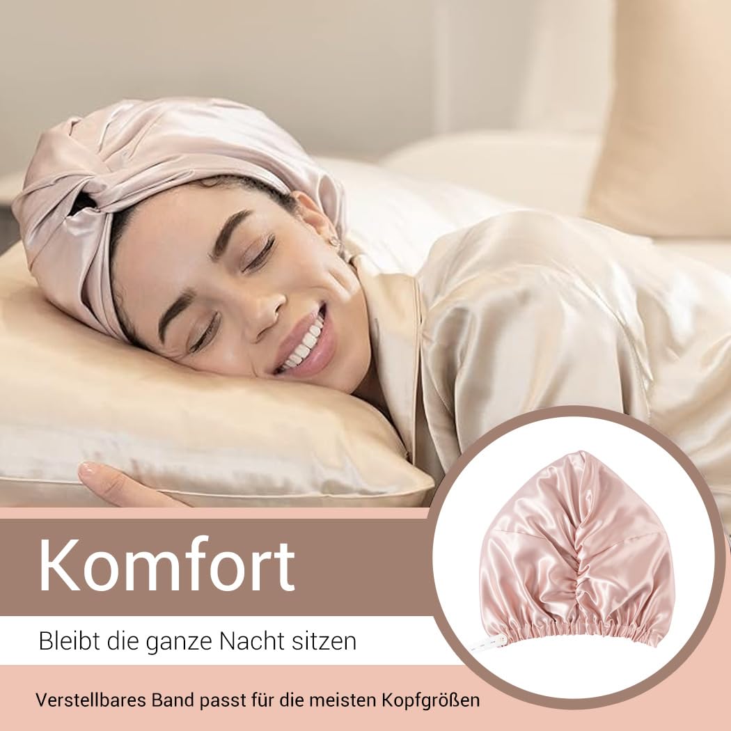 ‌LaCourse Rutschfeste Verstellbare Echte 22 Momme 100% Maulbeerseiden-Seidenhaube zum Schlafen, Dopp