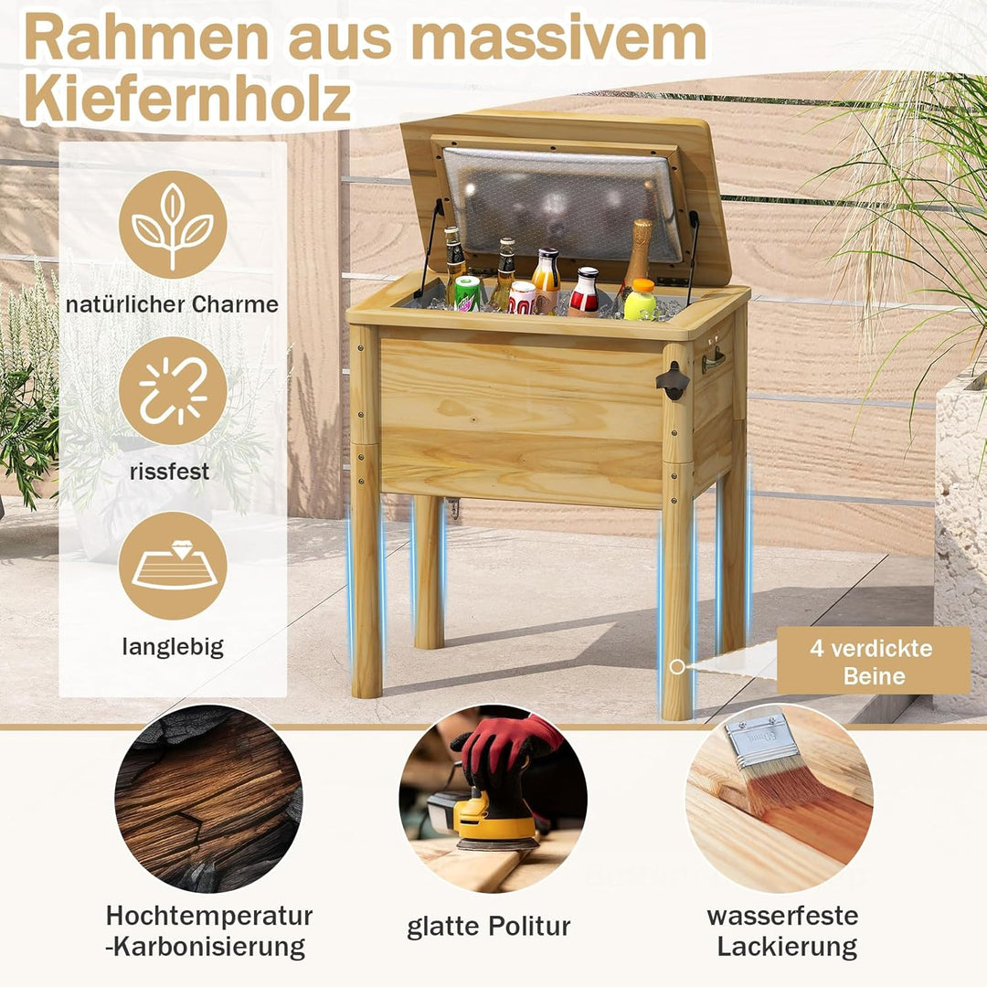 COSTWAY Getränkekühler Holz, 51 L Outdoor-Terrassenkühler mit 3 Griffen & Flaschenöffner, rustikale