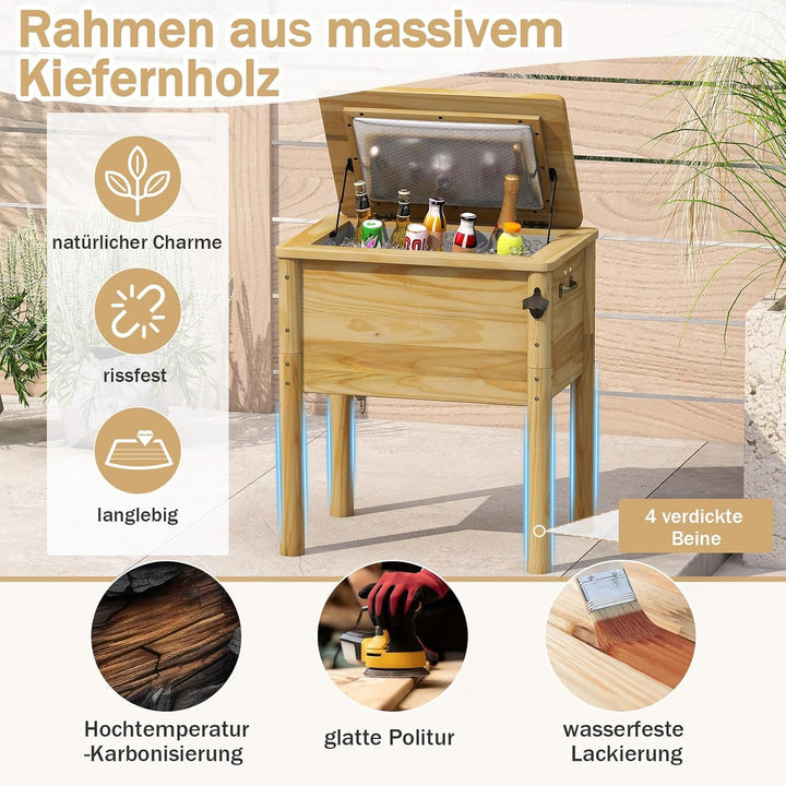 COSTWAY Getränkekühler Holz, 51 L Outdoor-Terrassenkühler mit 3 Griffen & Flaschenöffner, rustikale
