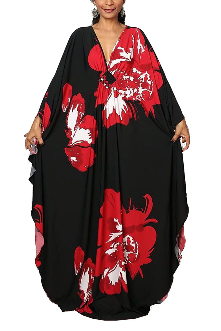 YouKD Sommer Geblümter Loser Kaftan Boho-Strand Bikini Aufdecken Kleid Plus Grösse Robe für Damen Ei