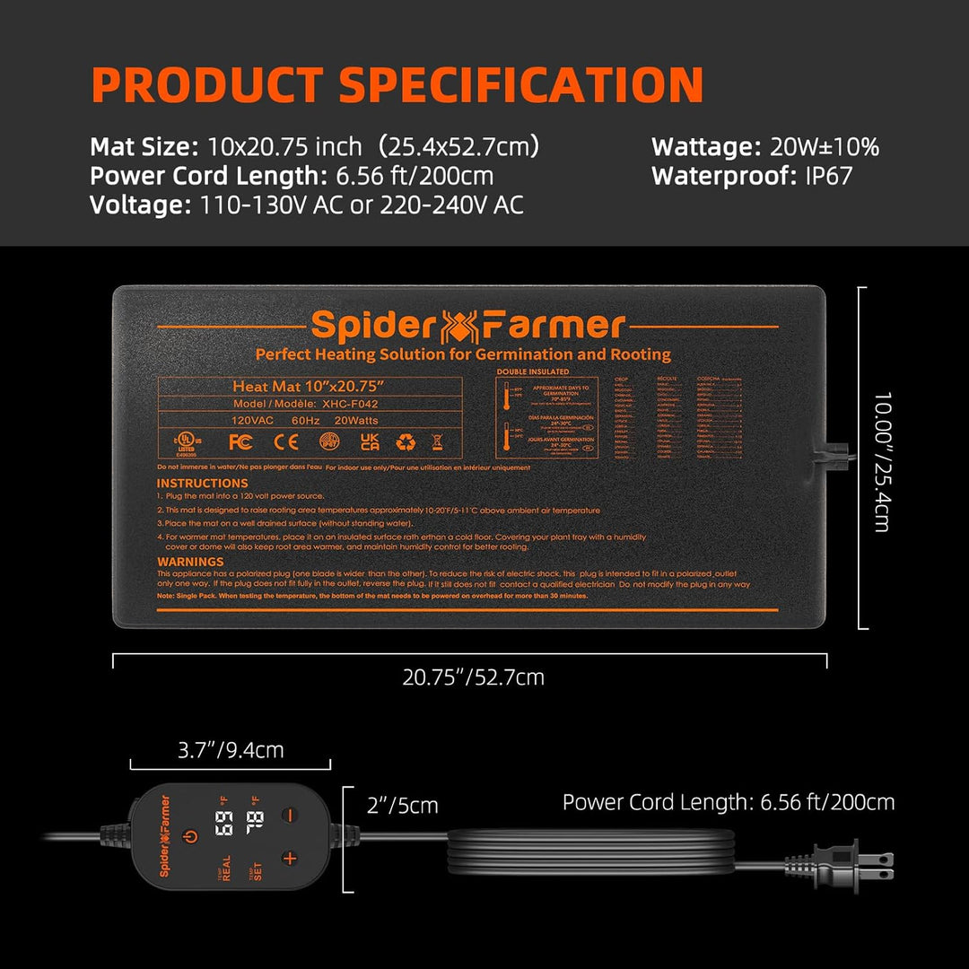 Spider Farmer Heizmatte Pflanzen, Wärmematte Set mit Thermostatregler für Sämling Germination und Ha