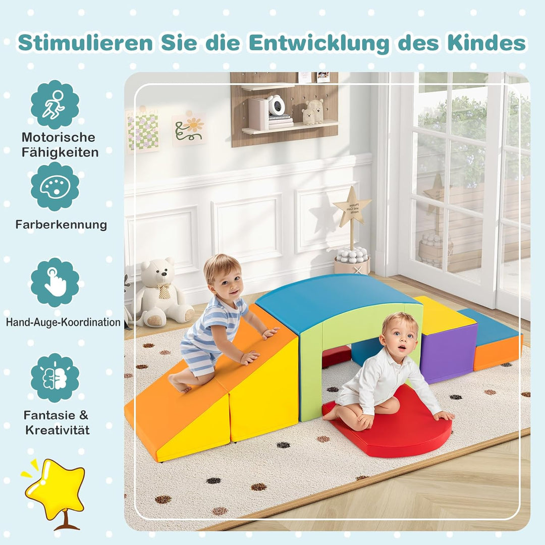 COSTWAY 7 TLG. Schaumstoffbausteine, Softbausteine mit Tunne, Treppe & Rampe, EN71-zertifiziert, Rie