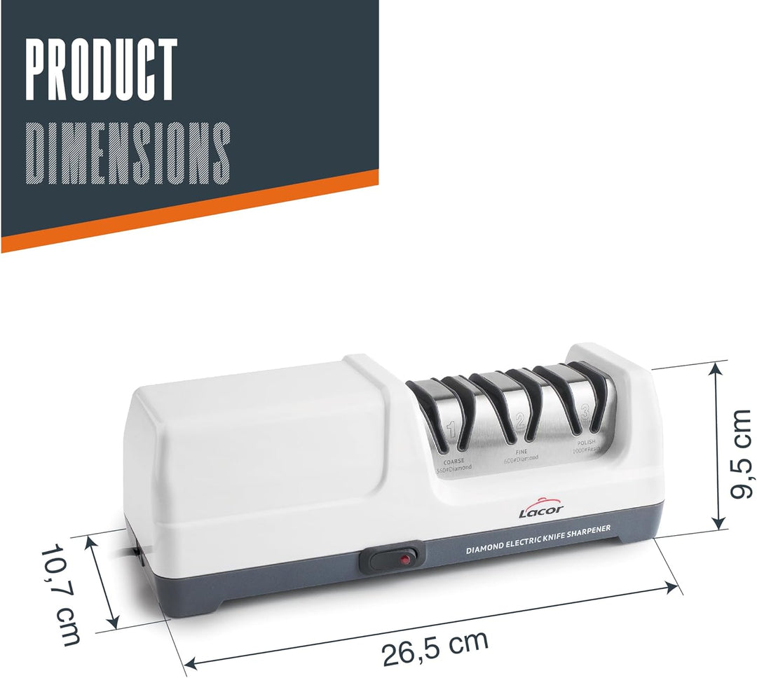 Lacor - 69432 - Drei Messerschärfer, elektrisch 18 W, 3 Stufen, mit Diamantscheiben, Für Stahl- und