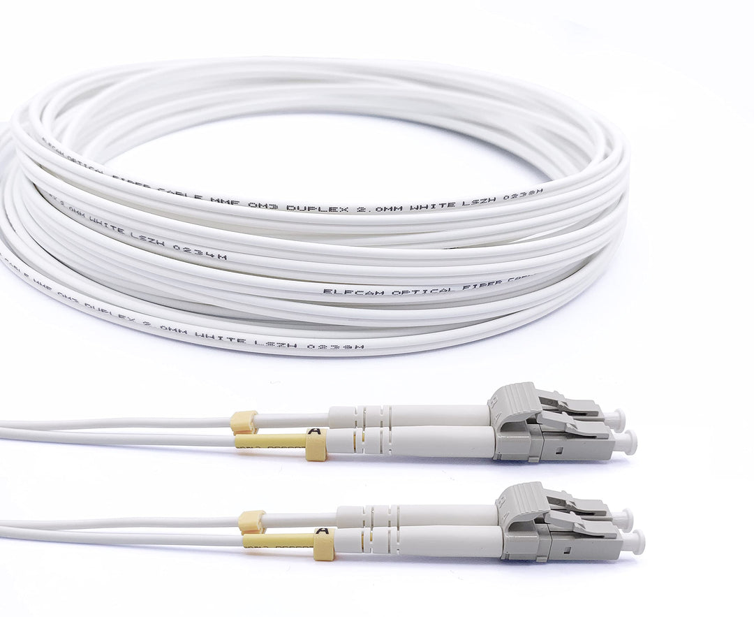 Elfcam® - LWL Glasfaser-Kabel LC/UPC auf LC/UPC 50/125um OM3 Multimode Duplex LSZH, Farbe Weiss, 100
