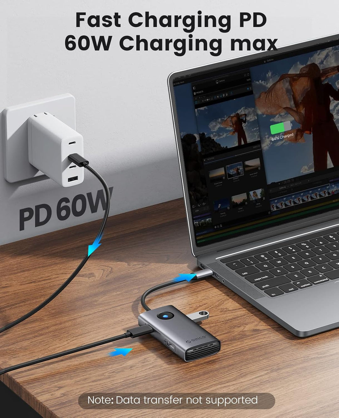 USB C Hub, ORICO 5-in-1 USB-C-Dockingstation mit 4K-HDMI, 60 W Stromversorgung, USB 3.0 5 Gbit/s und