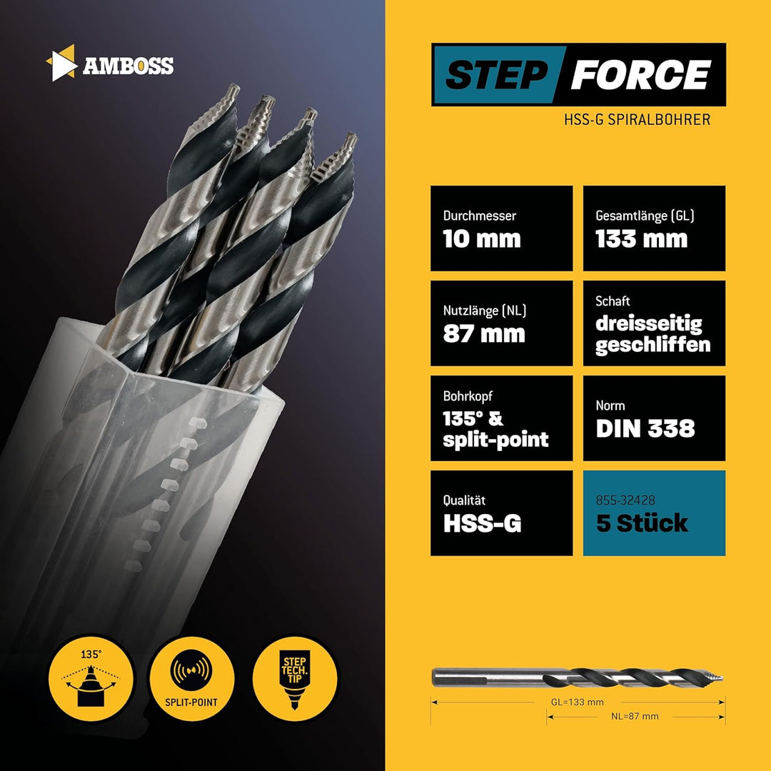 5x Spiralbohrer Step Force Ø10 mm - HSS-G DIN 338 für Stahl, Baustahl, Alu, Buntmetalle AMBOSS WERKZ