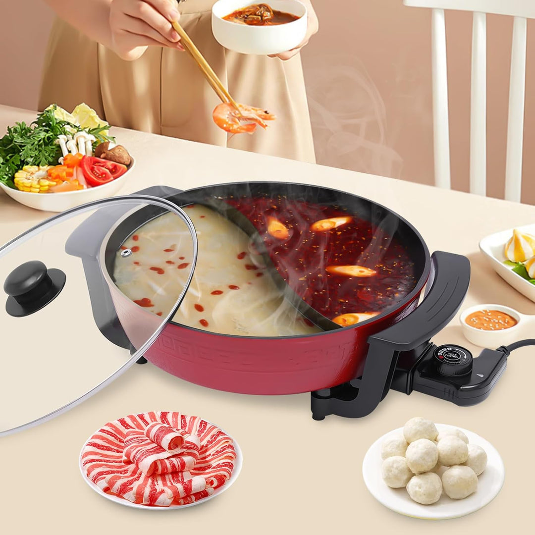 Hot Pot Elektrisch 1300W Elektrischer Topf mit 2 Kammern Shabu Shabu und Deckel 6L Suppentopf Töpfe