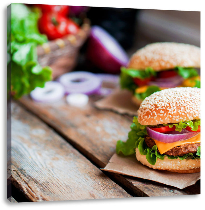 Pixxprint Leckere Burger, Format: 70x70 auf Leinwand, XXL riesige Bilder fertig gerahmt mit Keilrahm