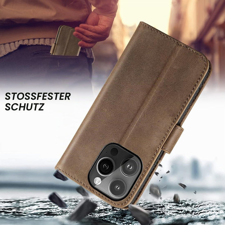 LENSUN Lederhülle für iPhone 14 Pro, Hülle Echtes Leder-Vintage Dunkelbraun | Handyhülle mit Magnetv