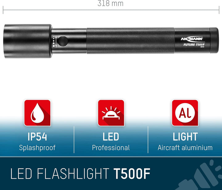ANSMANN LED Taschenlampe T500F mit 970 Lumen - Handlampe stufenlos fokussierbar, robust, dimmbar, 19