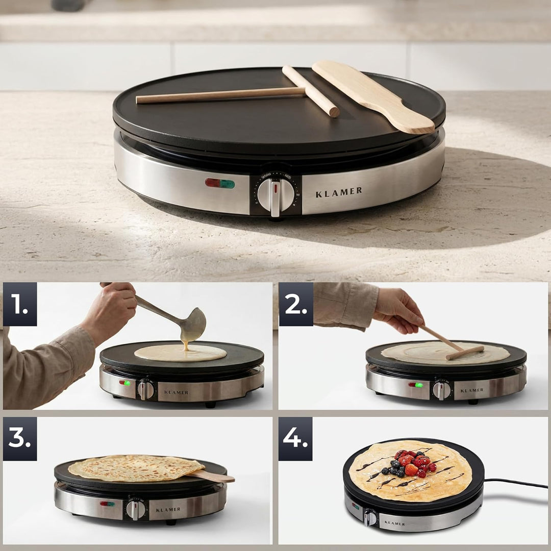 KLAMER Crepes Maker, Backfläche mit 30cm Ø, antihaftbeschichtete Platte, inkl. Teigverteiler und Wen