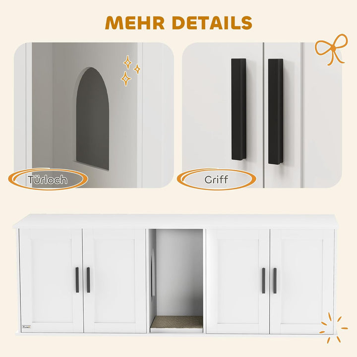 PawHut Katzenklo-Schrank 3 in 1 für Grosse Katzen 145 x 49 x 51 cm Weiss | Katzenschrank, Versteckte