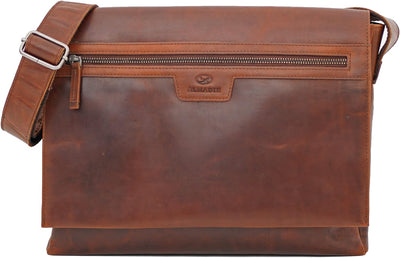 ALMADIH Leder Umhängetasche braun Vintage aus Rindsleder - Ledertasche mit gepolstertem Laptop Fach,