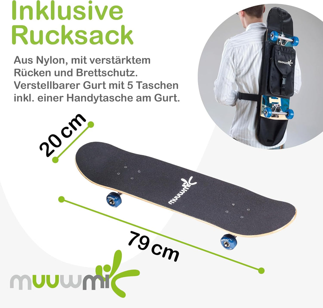 muuwmi ABEC 5 Skateboard mit Rucksack, Unisex, Wave-Design Wave inkl. Rucksack, Wave inkl. Rucksack