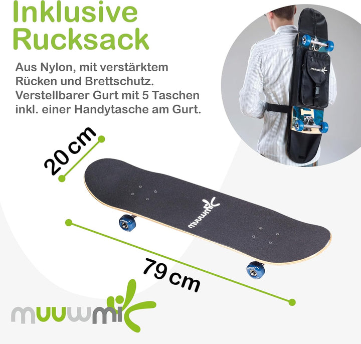 muuwmi ABEC 5 Skateboard mit Rucksack, Unisex, Wave-Design Wave inkl. Rucksack, Wave inkl. Rucksack