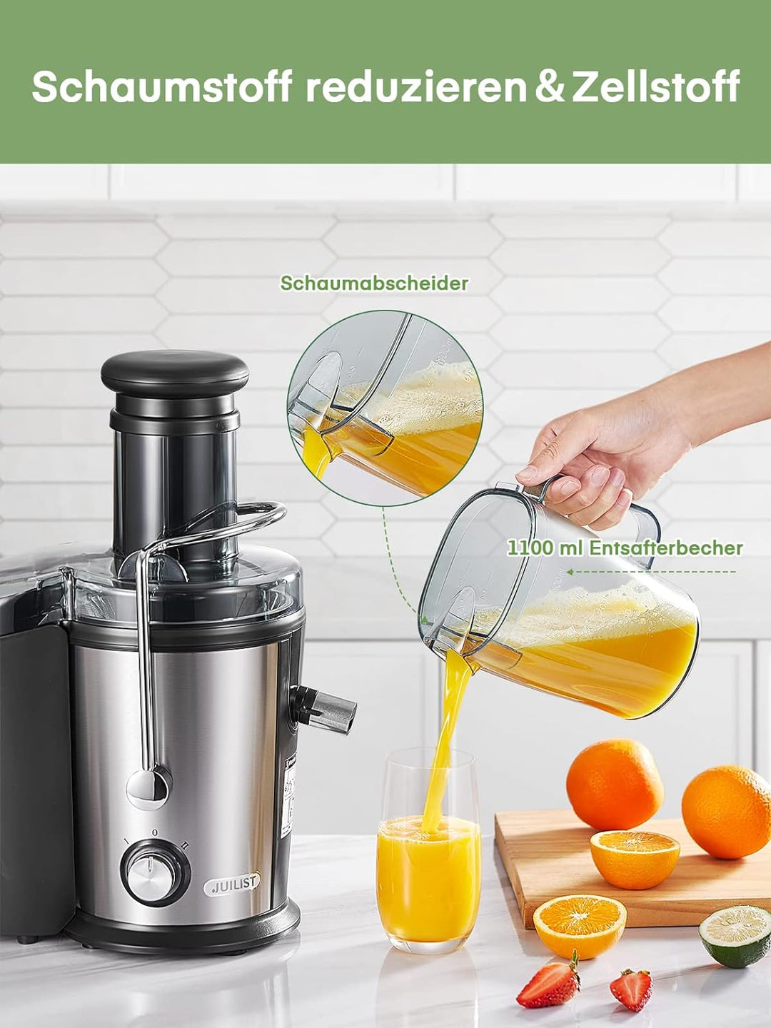 Juilist Entsafter für Gemüse und Obst aus Edelstahl, 800W Saftpresse mit 75MM Einfüllöffnung, 2 Gesc