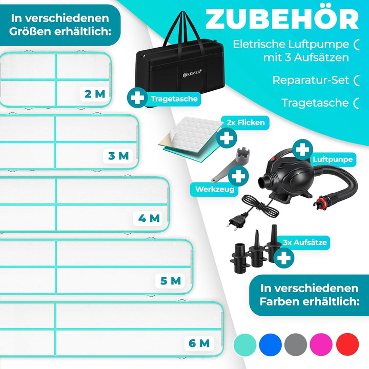 KESSER® Turnmatte Aufblasbar Airtrack Fitness-Matte Gymnastikmatte | inkl. Tragetasche & elektr. Luf
