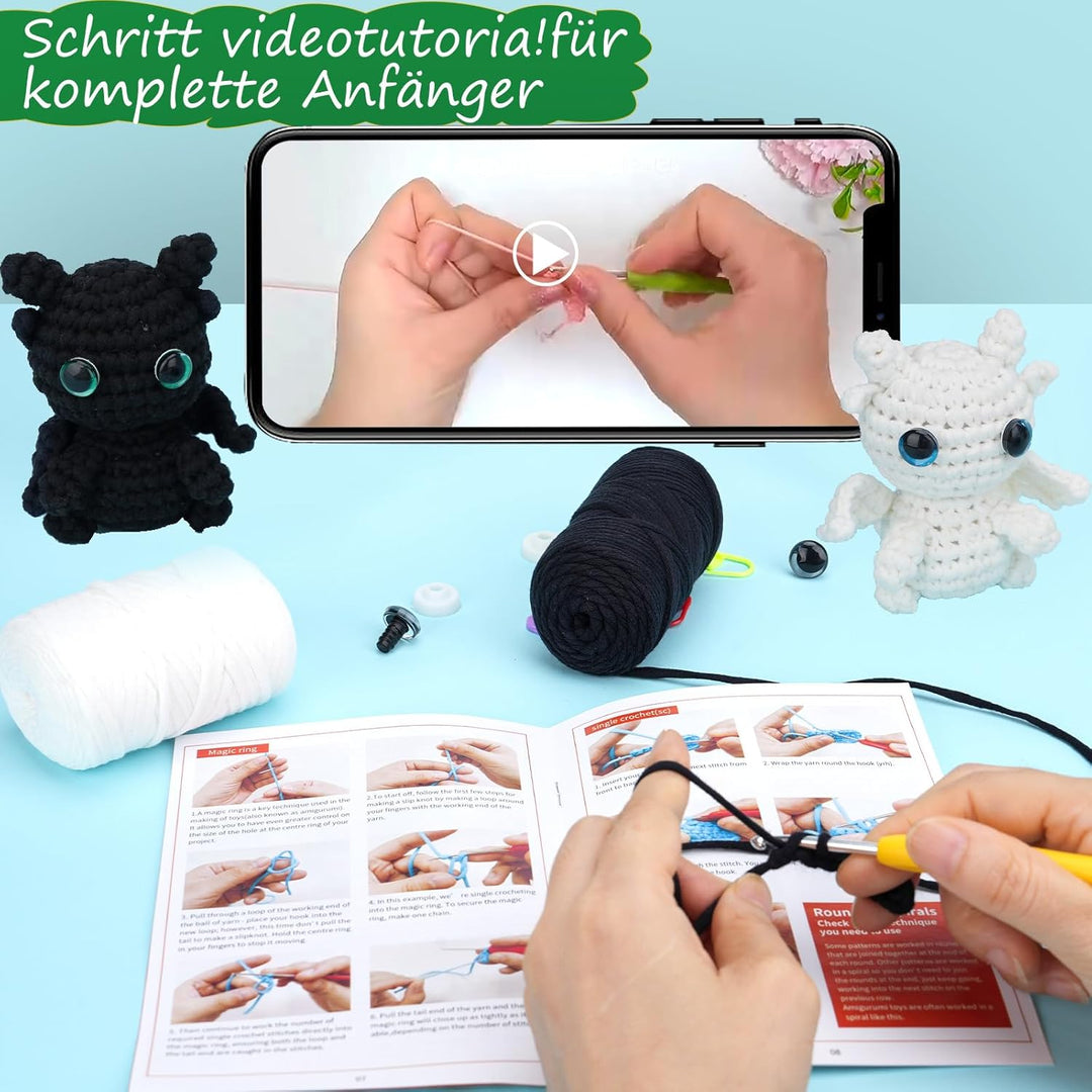 puiaxod Häkelset für Anfänger, Erwachsene Kinder Häkelnadel Set für Anfänger, 2 Stück Schwarz-Weisse