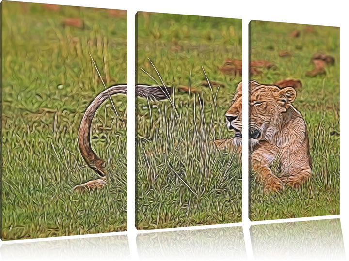 Löwin entspannt im Gras NewArt 3-Teiler Leinwandbild 120x80 Bild auf Leinwand, XXL riesige Bilder fe