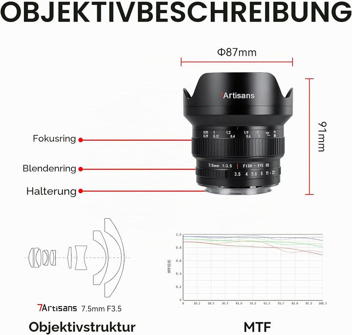 7artisans MF 7,5 mm F3.5 APS-C 205° Ultra Weitwinkel Manuelles Fischaugenobjektiv, kompatibel mit Ca