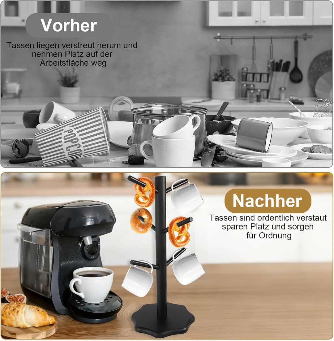 2 Stück Tassenhalter Stehend Holz Brezelständer Baum Tassenregal Schwarz Tassenständer Kaffeetassens