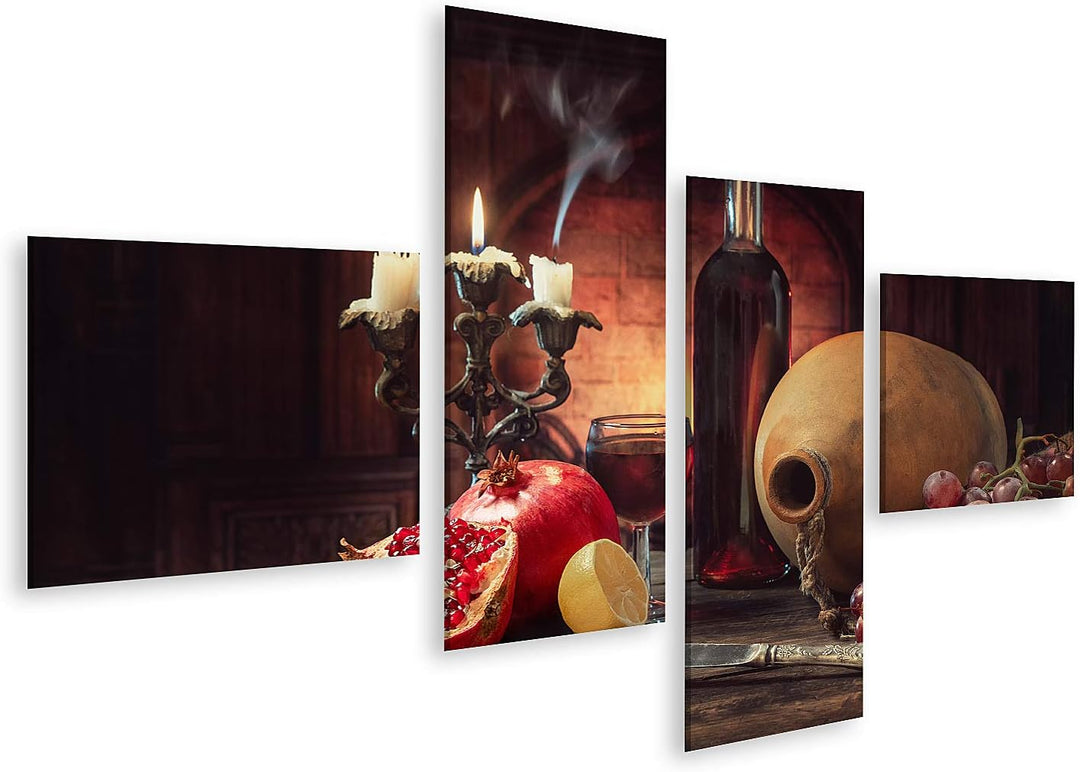 islandburner Bild auf Leinwand Stillleben Rustikaler Stil Obst Granatäpfel Trauben Zitrone Holztisch