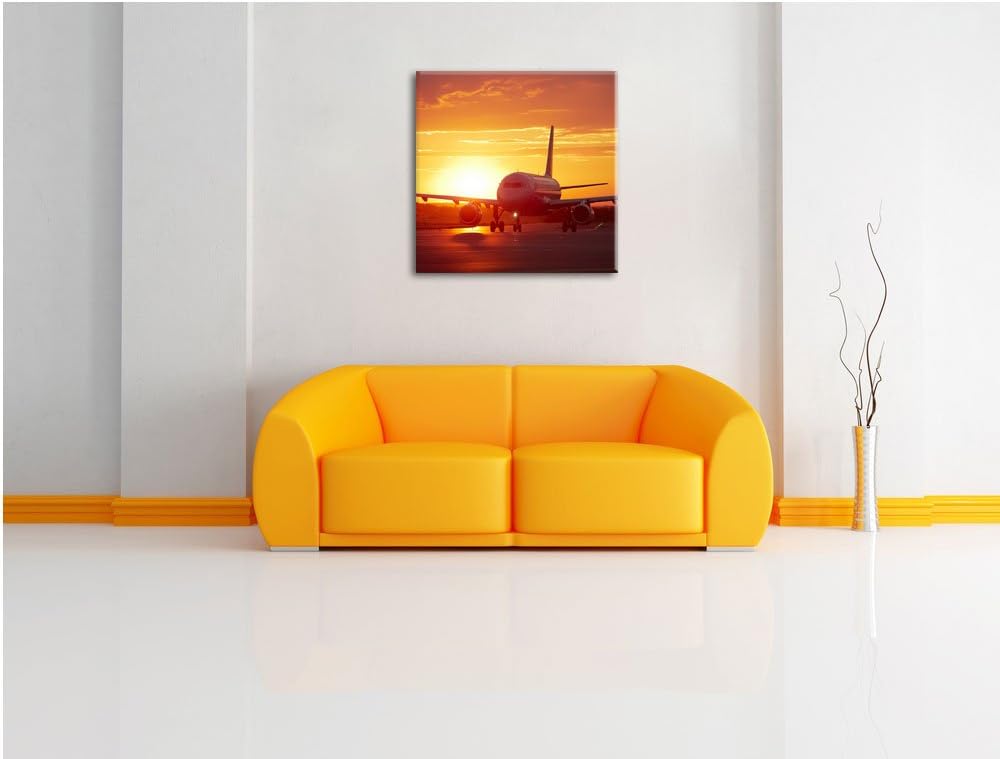 Pixxprint Flugzeug im Sonnenuntergang 70x70cm Leinwandbild Wandbild Kunstdruck, 70x70