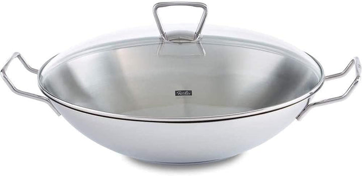 Fissler Kunming / Edelstahl-Wok (Ø 36 cm) grosse Wok-Pfanne unbeschichtet,Asiapfanne mit Glas-Deckel