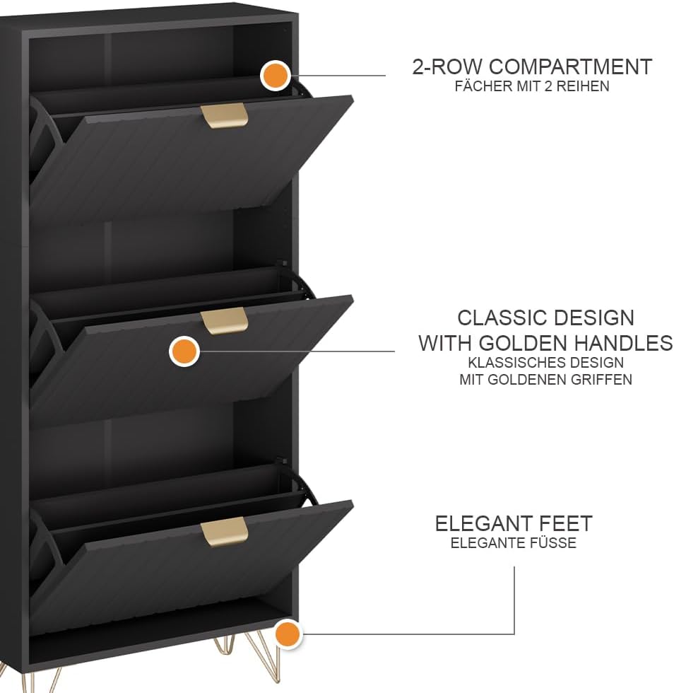 Vicco Schuhschrank Helge, Schuhregal, Schwarz, 60 x 128.5 cm 3 Fächer, Schwarz