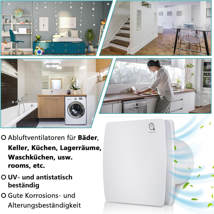 Badlüfter mit Nachlauf &amp; Feuchtigkeitssensor, 150mm Badventilator, 150mm
