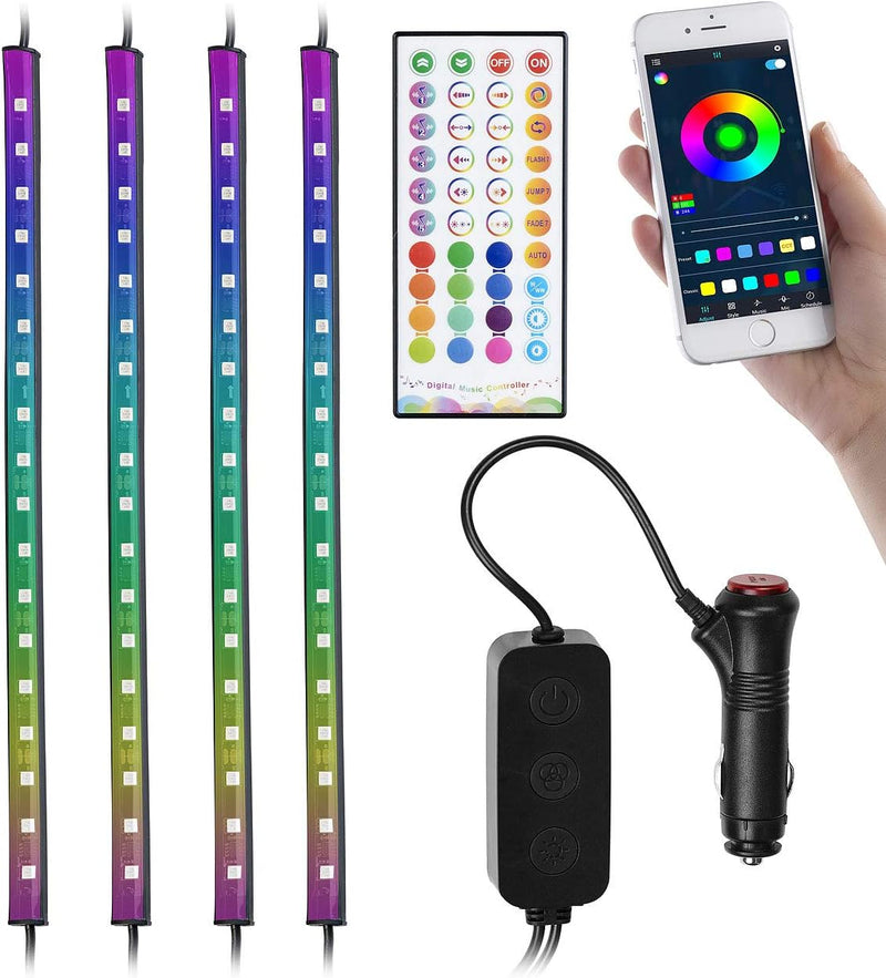 Lescars Auto LED: 4er-Set Kfz-LED-RGB-Streifen mit Fernbedienung, Bluetooth, App (Auto Innenbeleucht